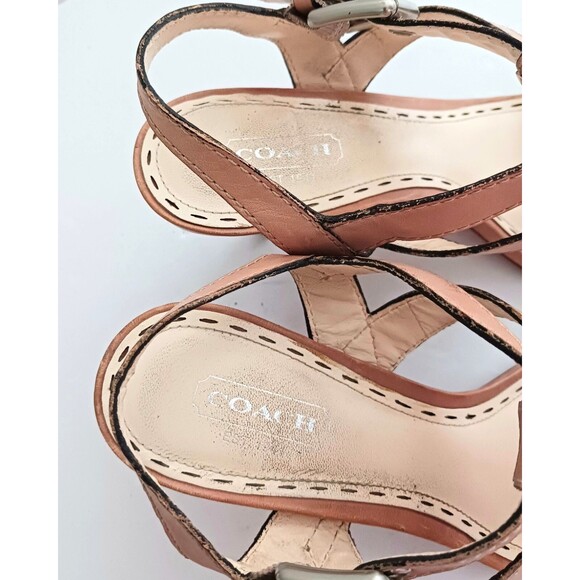 Coach T Strap Tan Leather Sandals Silver Buckle Studs Wood Stiletto Heel Sz 6.5 - Picture 7 of 10